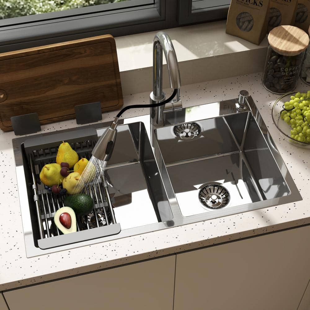 30 in. Drop-In/Undermount Double Bowl Stainless Steel Kitchen Sink with Faucet - Hercitys