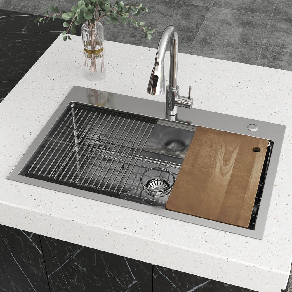 33 in. Drop-In/Undermount Single Bowl 16 Gauge Gunmetal Sliver Stainless Steel Kitchen Sink with Bottom Grids - Hercitys