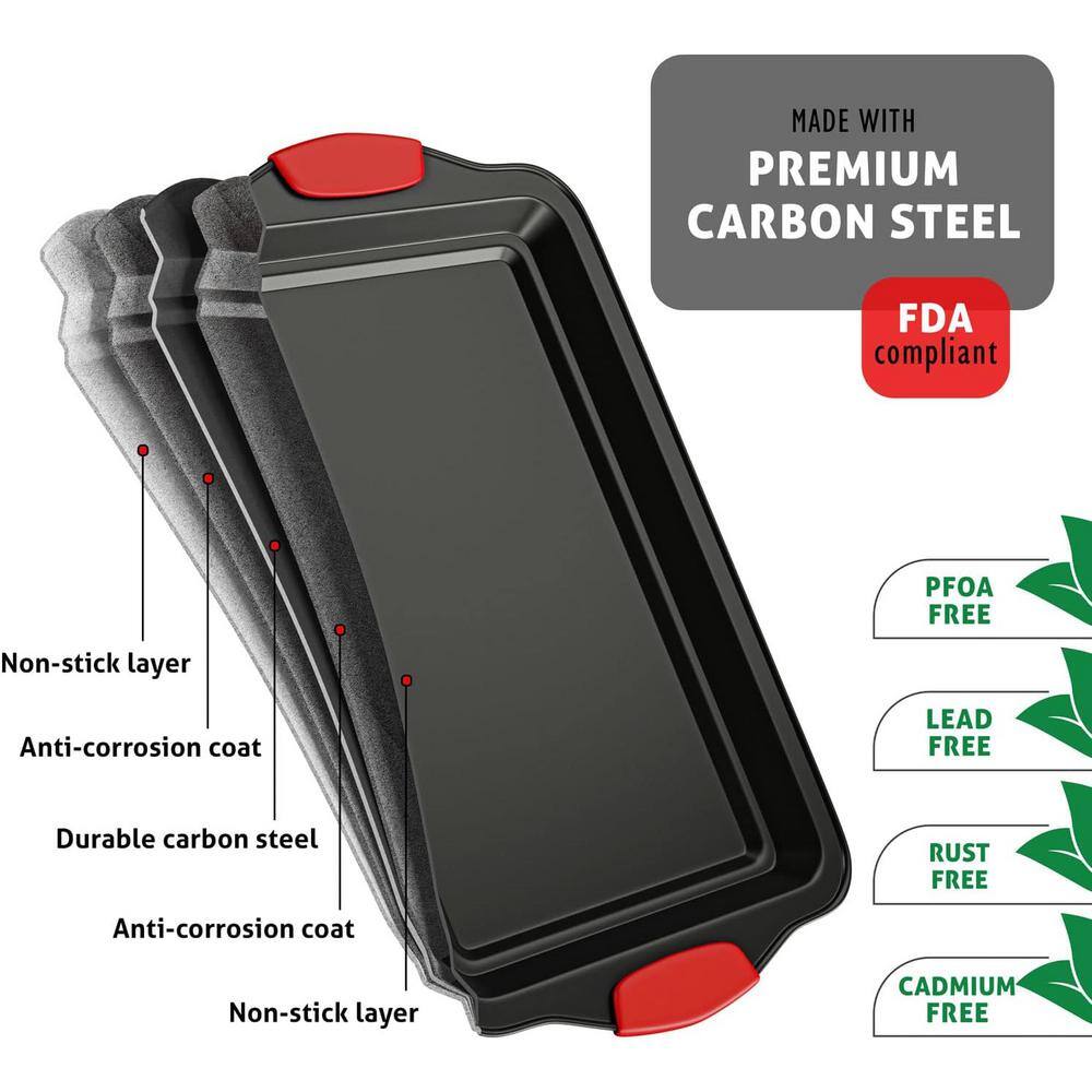 2-Piece Black Steel Nonstick Large Baking Cookie Sheet Set w/Silicone Handles - Hercitys