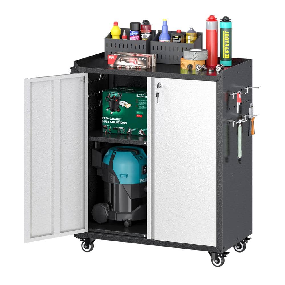 30 in. W x 35.5 in. H x 18 in. D Metal Freestanding Cabinet with Shelf, Pegboard, Side Push Handle in Black and Grey - Hercitys