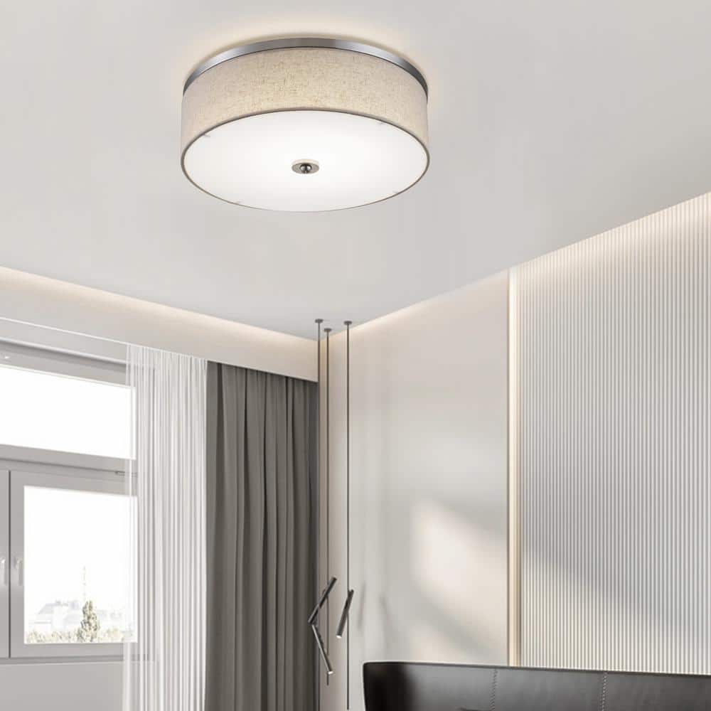 15 in. Brushed Nickel Dimmable 23-Watt Selectable LED Flush Mount Ceiling Light 3000K/4000K/5000K with Fabric Shade - Hercitys