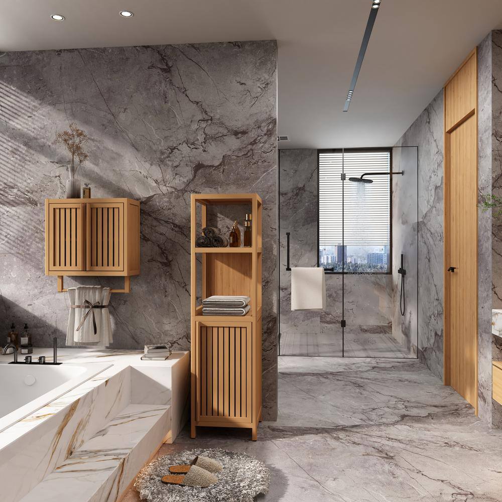 14 in. W x 13 in. D x 52 in. H in Natural Bamboo Ready to Assemble Floor Bathroom Storage Cabinet with 2 Open Shelves - Hercitys