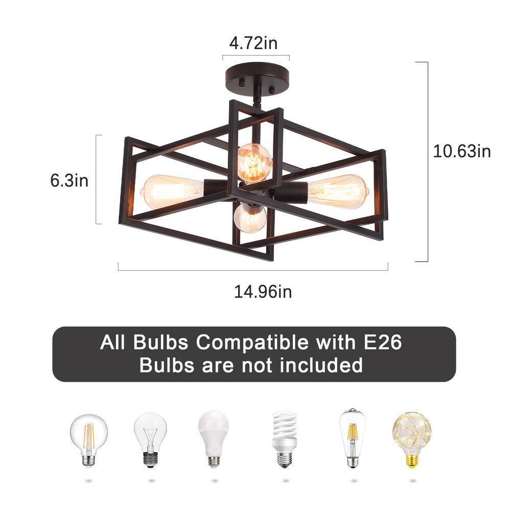 14.96 in. 4-Light Black Farmhouse Square Frame Semi-Flush Mount Ceiling Light Fixture with Metal Shade - Hercitys