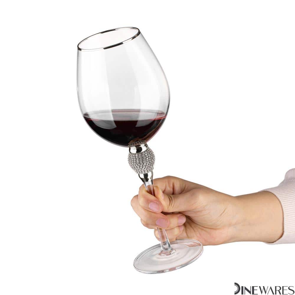(Set of 2) Silver-Rimmed Red Wine Glasses with Diamond Rhinestone Accent 18 oz. 10 in. Tall - Hercitys
