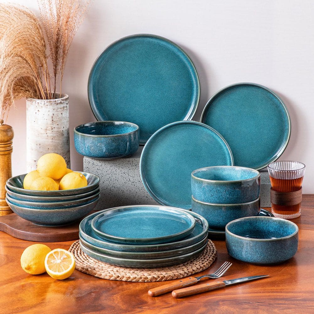 16-Piece Blue Stoneware Dinnerware Set (Service for 4) Reactive Glaze Tableware Bowls and Plates Dinner Set - Hercitys
