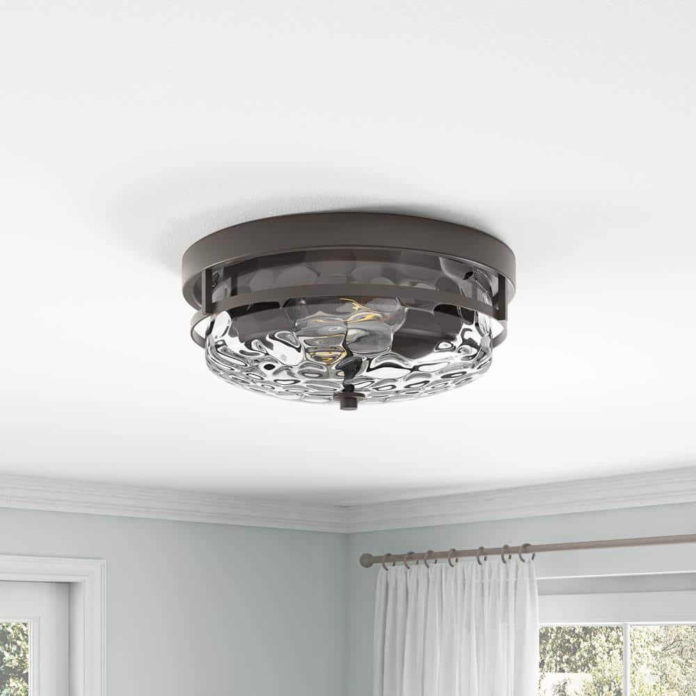 13 in. 2-Light Farmhouse Oil Rubbed Bronze Flush Mount Ceiling Light Fixture with Water Ripple Glass Shade - Hercitys