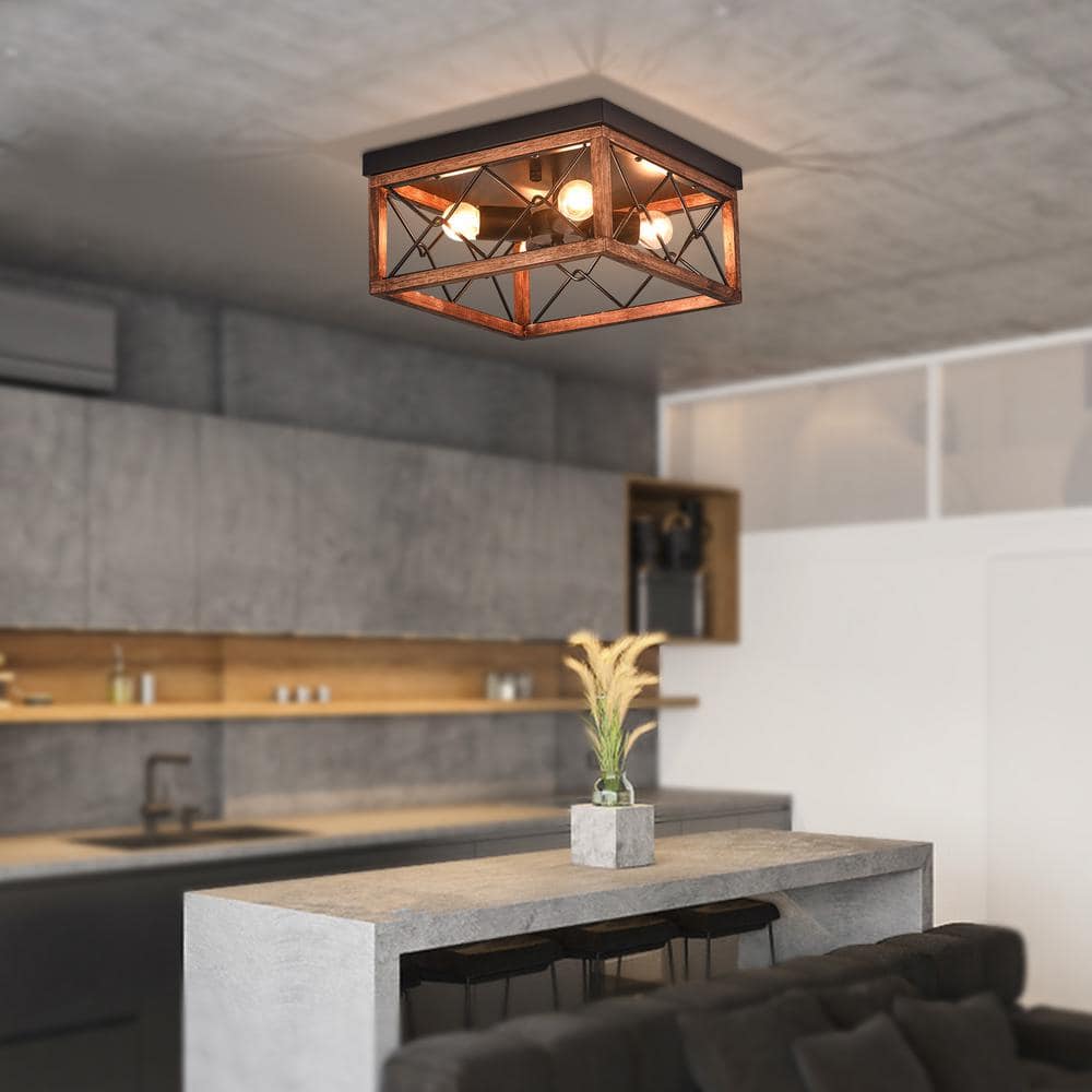 12.6 in. 4-Light Black Vintage Farmhouse Style Flush Mount Cage Ceiling Light with Wooden Shade - Hercitys