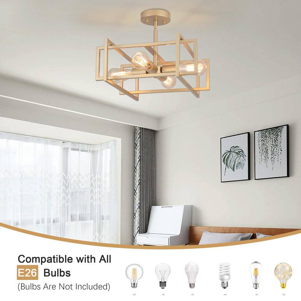 14.96 in. 4-Light Geometric Gold Modern Semi-Flush Mount Ceiling Light with No Bulbs Included - Hercitys