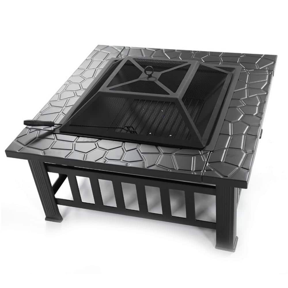 32 in. W x 14 in. H Square Metal Wood Burning Outdoor Fire Pit Table in Black - Hercitys