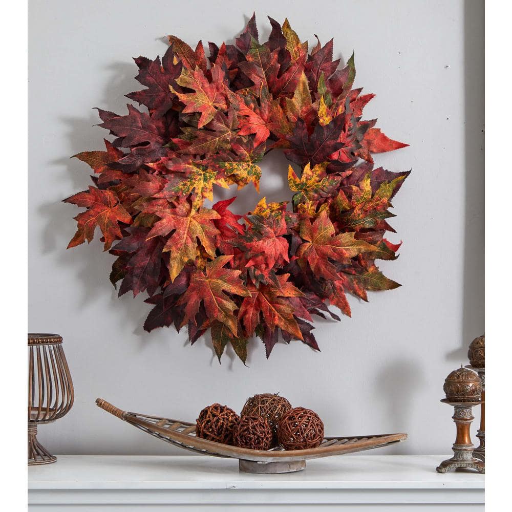 30in. Artificial Wreath with Autumn Maple Leaves - Hercitys