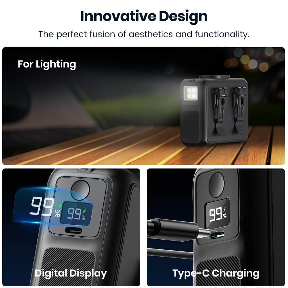 2 in. 4-Speeds Personal Fan in Black, 20000mAh Rechargeable Clip On Belt Fan with LED Light, 16000 RPM - Hercitys