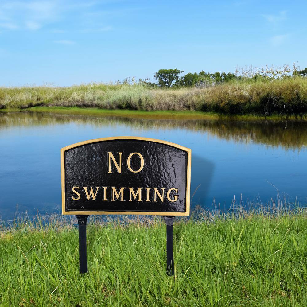 10 in. x 15 Standard Arch No Swimming Statement Plaque Sign with Lawn Stakes – Black/Gold - Hercitys