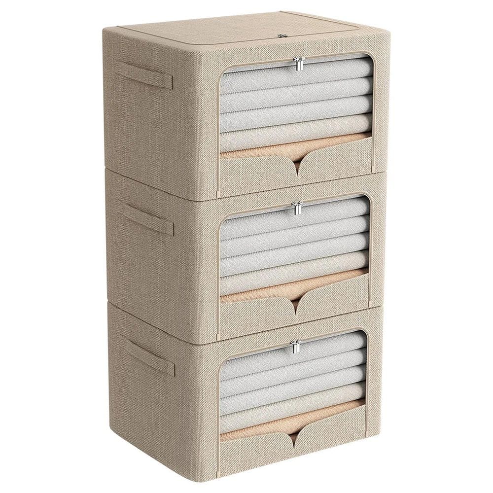 100 Qt. Linen Clothes Storage Bin with Lid in Beige (3-box) - Hercitys