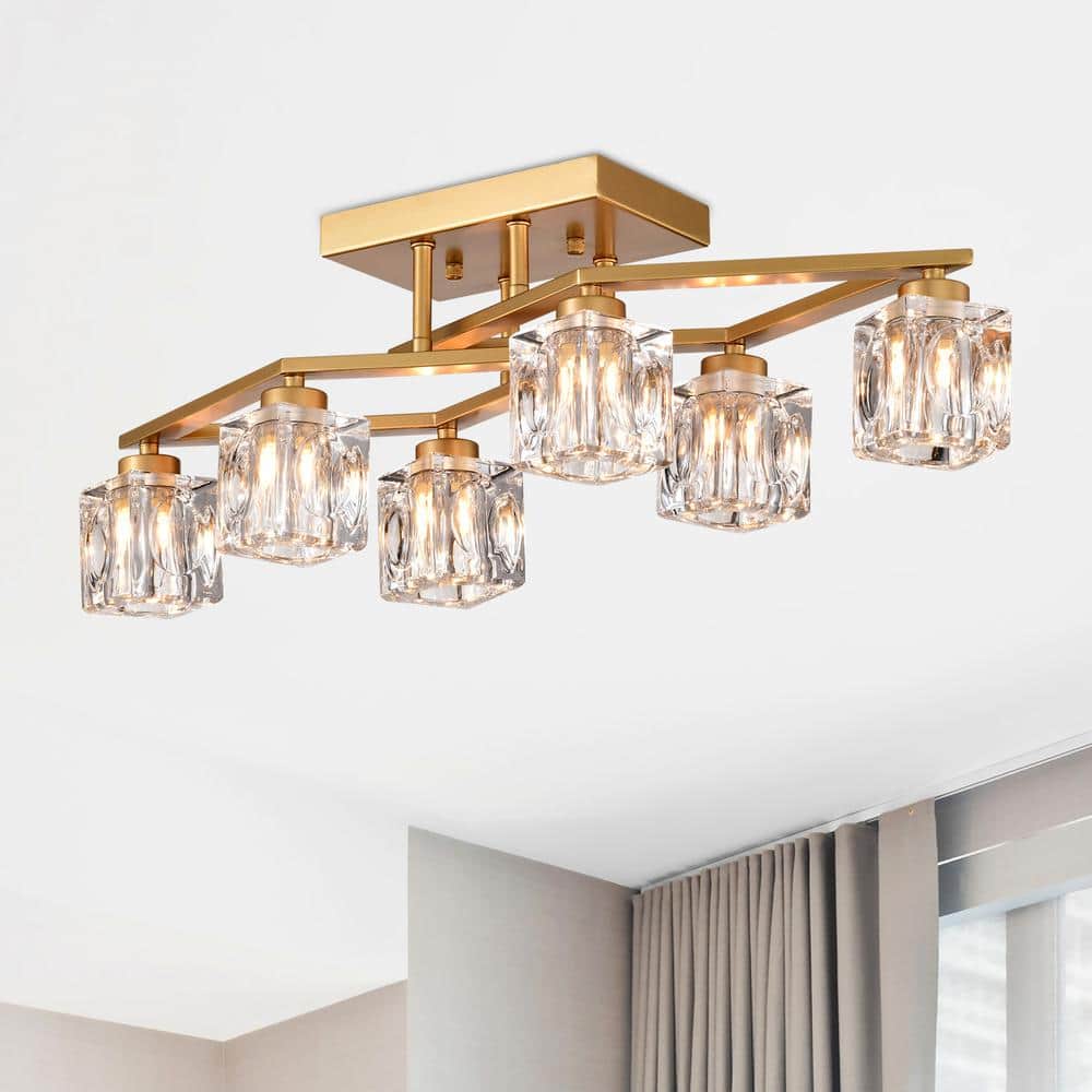24.9 in. 6-Light Gold Modern Farmhouse Flush Mount with Cube Shade - Hercitys