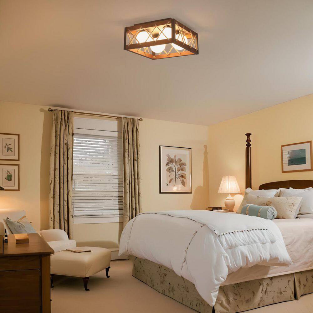 16 in. 25-Watt Farmhouse Rustic Square Wood Dimmable LED Flush Mount Ceiling Light with Acrylic Shatterproof Shade - Hercitys