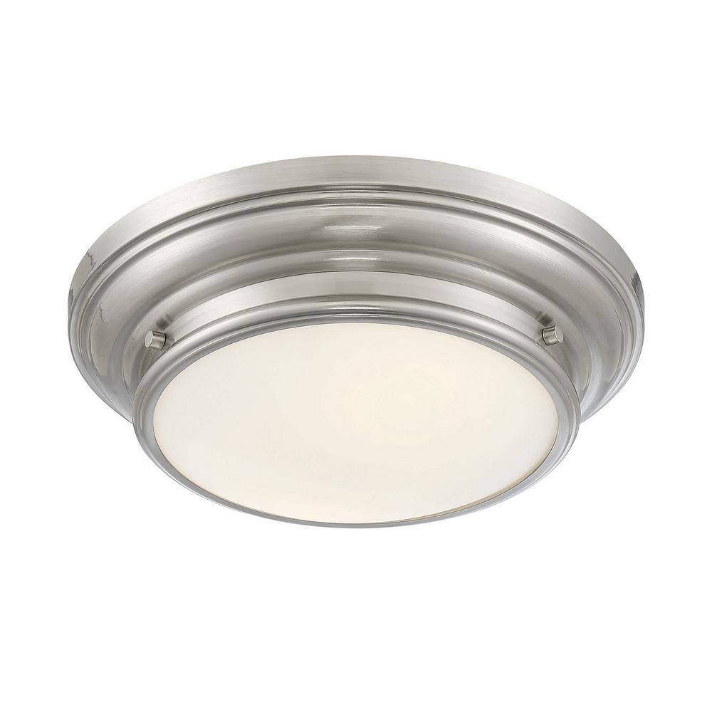 13 in. W x 4.50 in. H 2-Light Brushed Nickel Flush Mount Light with White Glass Round Shade - Hercitys