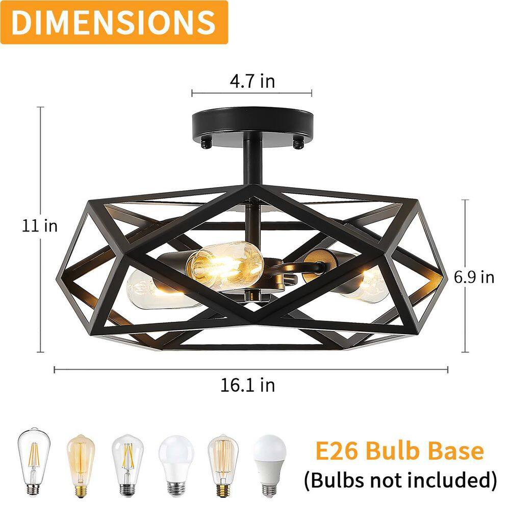 16.1 in. 3-Light Black Geometric Semi Flush Mount Ceiling Light with No Bulbs Included - Hercitys