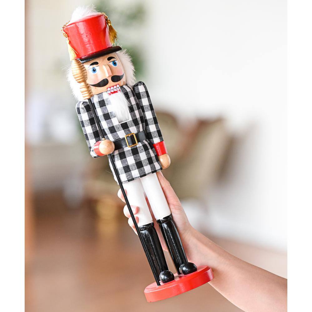 17 in. Wooden Christmas Checkered Soldier Nutcracker-Black and White Wooden Nutcracker Toy Soldier with Staff Holiday - Hercitys