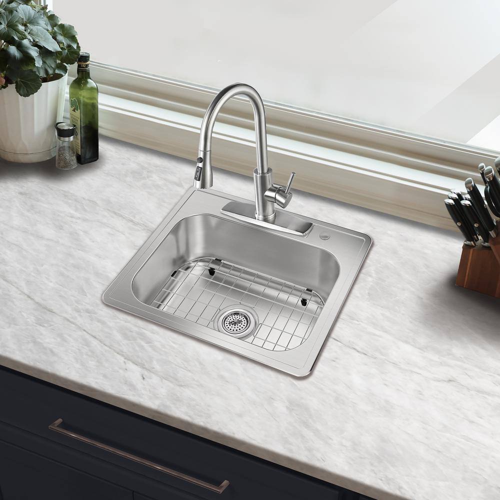 25 in. Drop-In Single Bowl 20-Gauge Stainless Steel Kitchen Sink with Bottom Grid - Hercitys