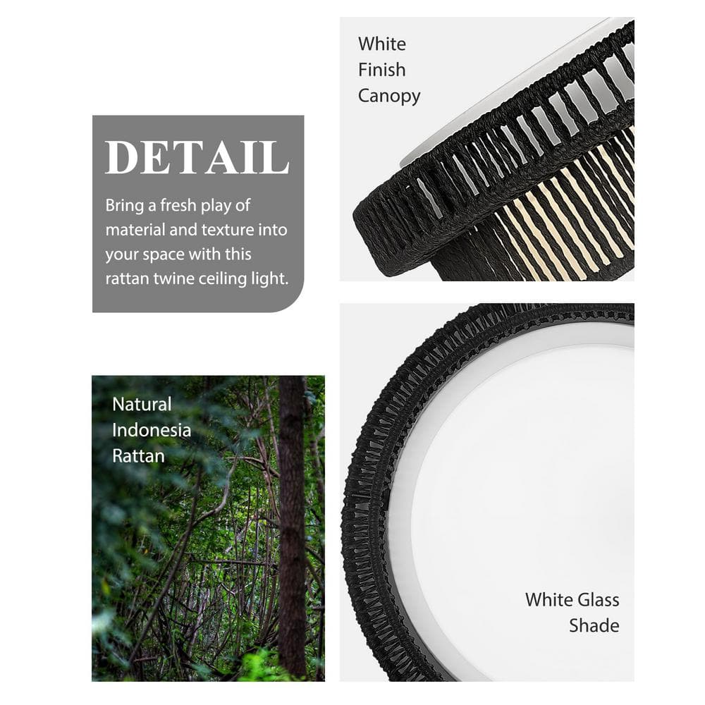 12.9 in. 16-Watt Boho Black Integrated LED Flush Mount with White Glass Shade for Bedroom Hallway - Hercitys