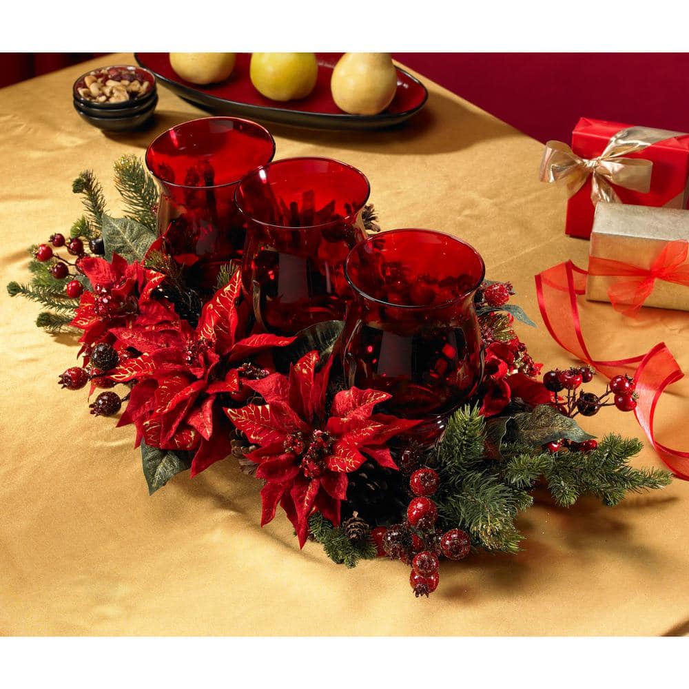 30 in. Artificial Poinsettia and Berry Triple Candleabrum - Hercitys
