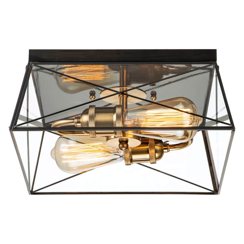 11.75 in. 2-Light Dark Bronze Finish Brass Flush Mount with Clear Tempered Glass Panes - Hercitys