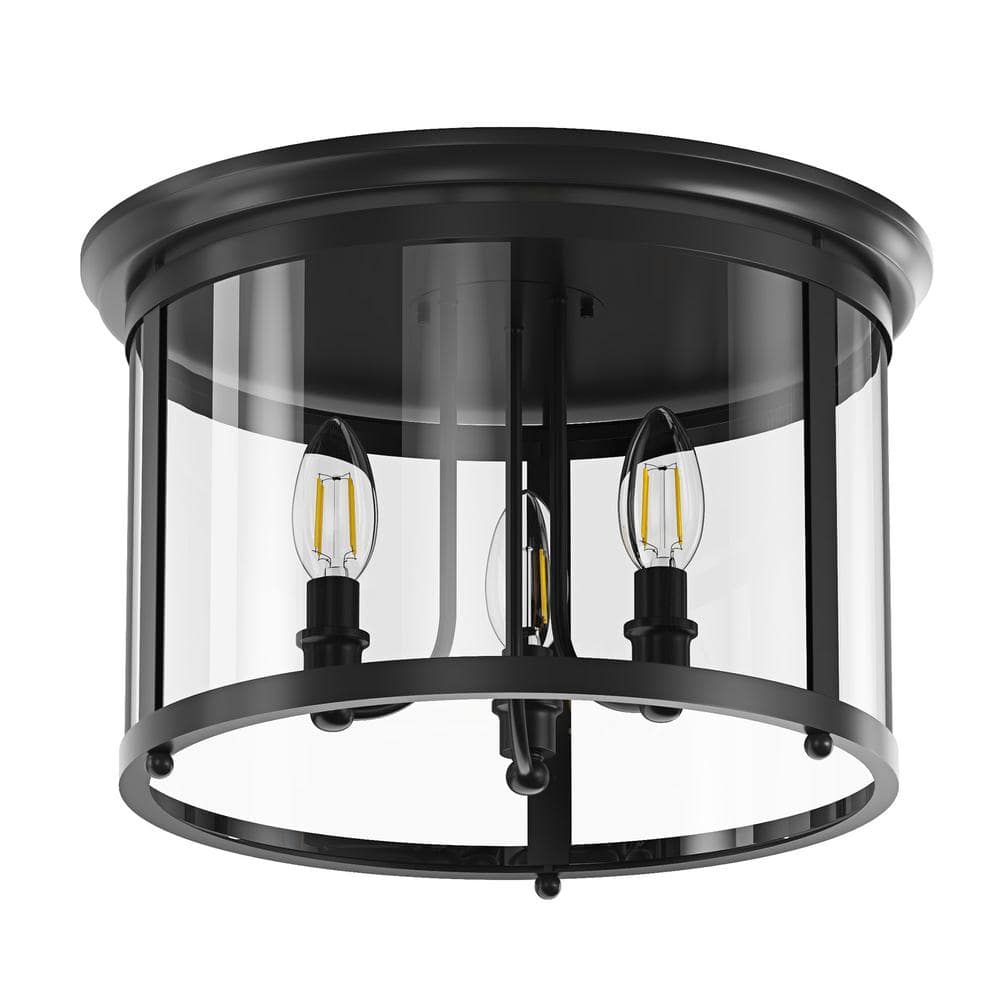 14.37 in. 3-Light Industrial Black Flush Mount Modern Ceiling Lighting Fixture with Clear Glass Shade - Hercitys