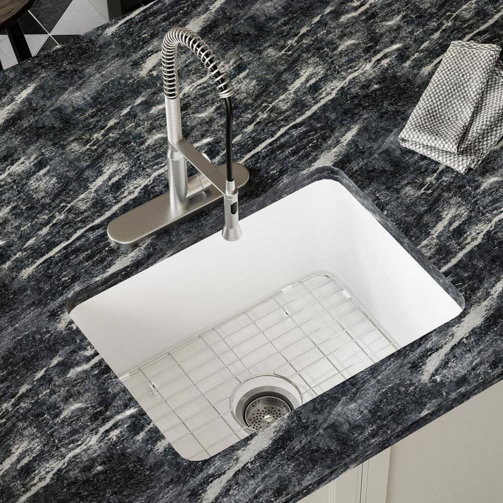 24 in. White Undermount/Drop-in Kitchen Sink Single Bowl, Fireclay Drop-in Kitchen Sink, Drain Kit and Grid Included - Hercitys