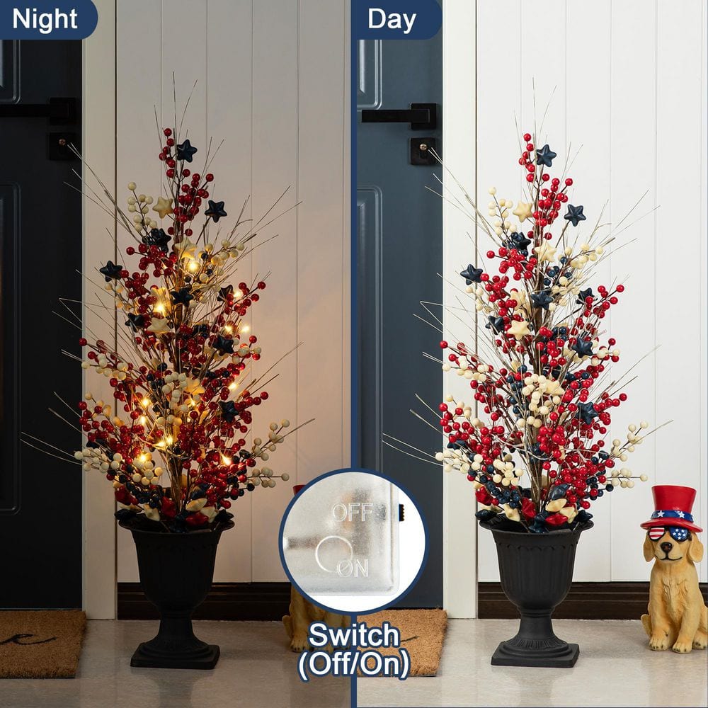 36 in. H Patriotic / Americana Lighted Berry and Stars Urn Porch Tree, 20 Warm White Lights with Timer - Hercitys