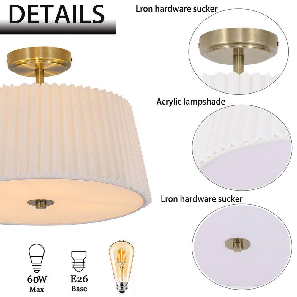 16 in. Modern 3-Light White Fabric Semi-Flush Mount Ceiling Light with Pleated Shade - Hercitys