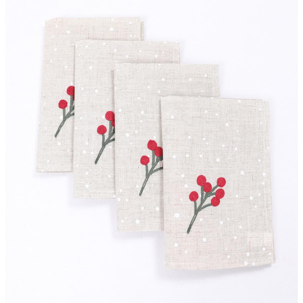 20 in. x 20 in. Holly Berry Branch Crewel Embroidered Christmas Napkins (Set of 4), Linen Blend - Hercitys