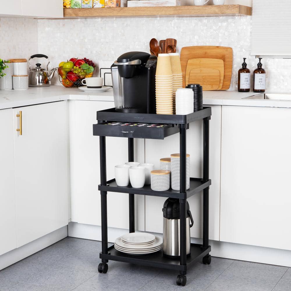 3-Tier Utility Cart Coffee Cart, Bathroom, Kitchen, Plastic, 20 in. L x 15 in. W x 34.5 in. H, Black - Hercitys