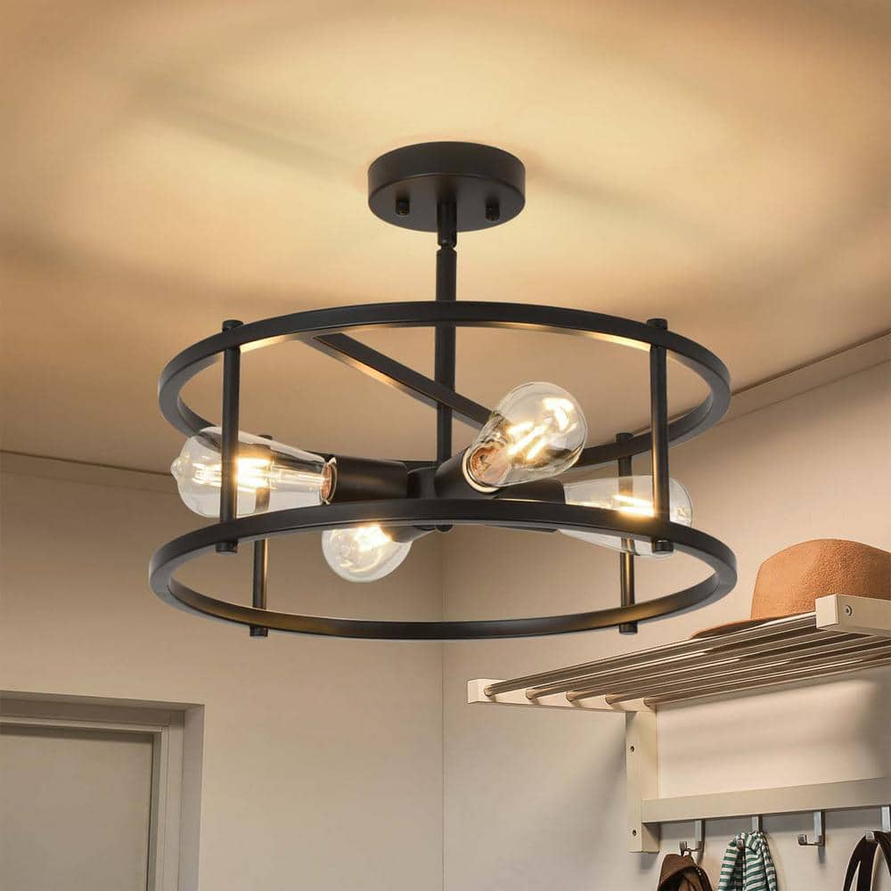 16.54 in. 4-Lights Farmhouse Matte Black Round Cage Industrial Semi-Flush Mount Ceiling Light - Hercitys