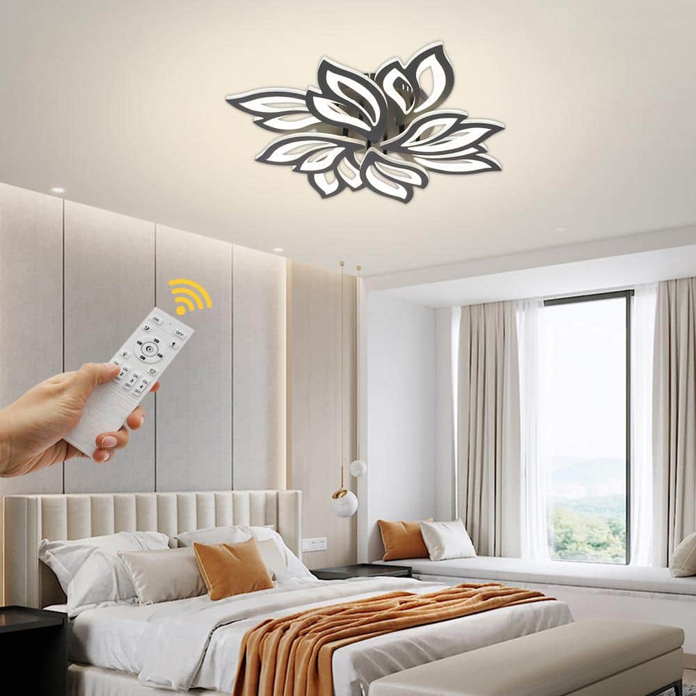 27.5 in. 1-Light Black and White Modern Selectable LED Flower-Shaped 8 Head Semi-Flush Mount Ceiling Light with Remote - Hercitys