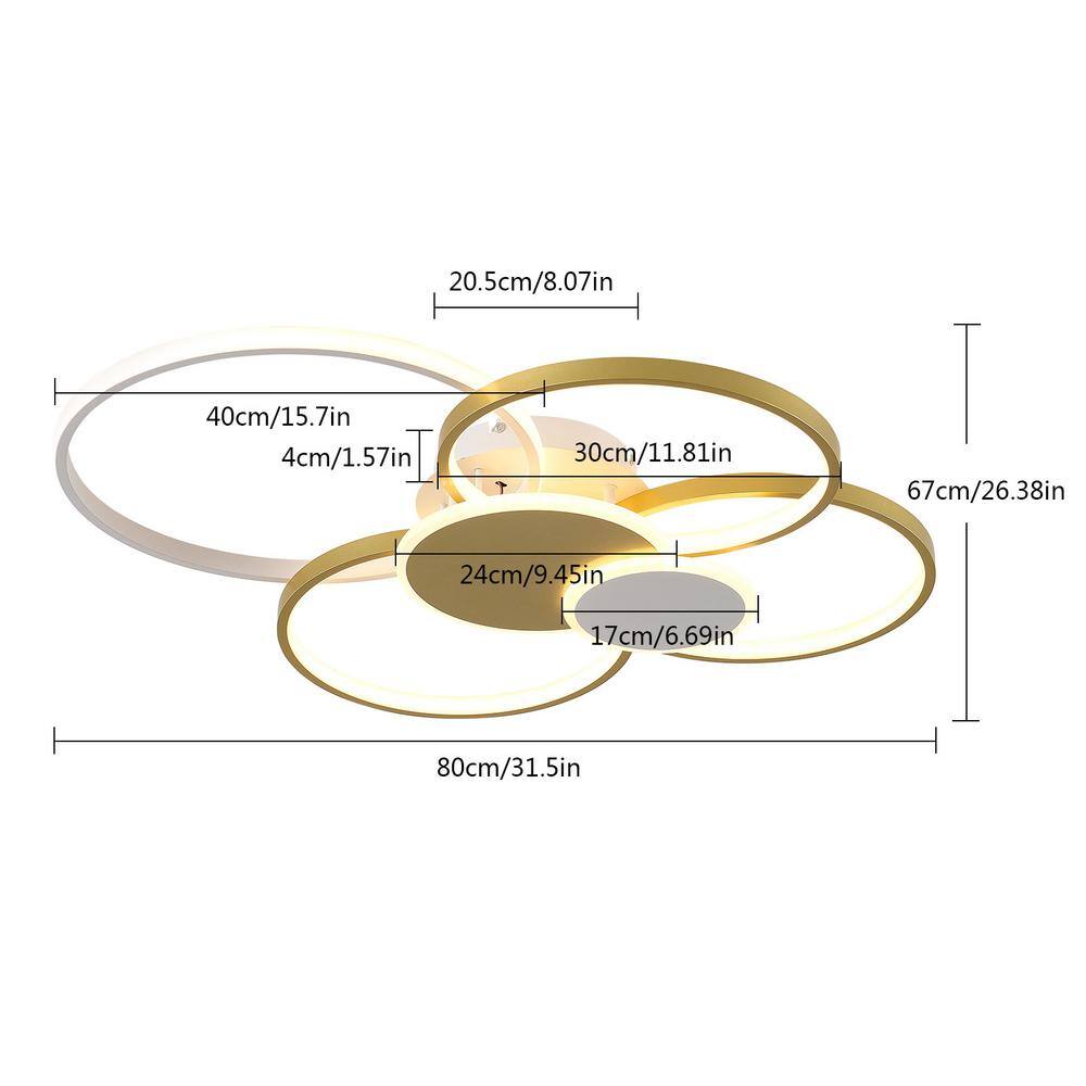 31.5 in. Gold Modern 6-Ring Flush Mount Dimmable LED Ceiling Light with Remote and Integrated LED Light Source Included - Hercitys