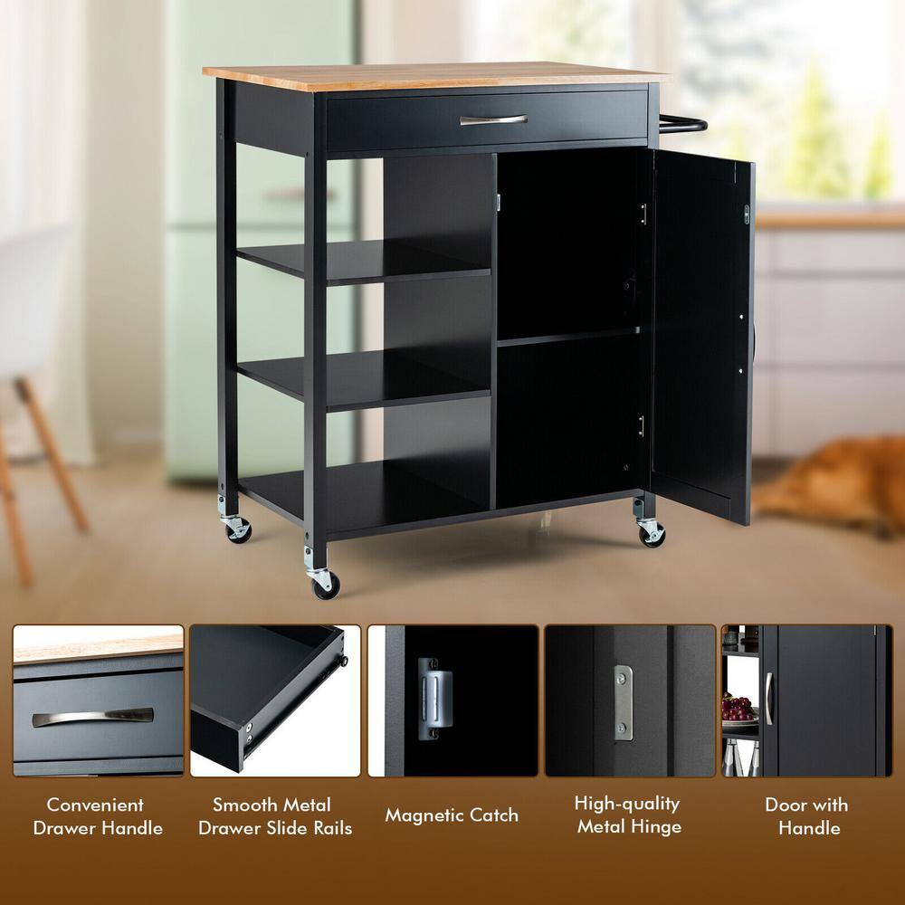 34.5 in. Black Wood Kitchen Cart Island with Rubber Wood Top - Hercitys