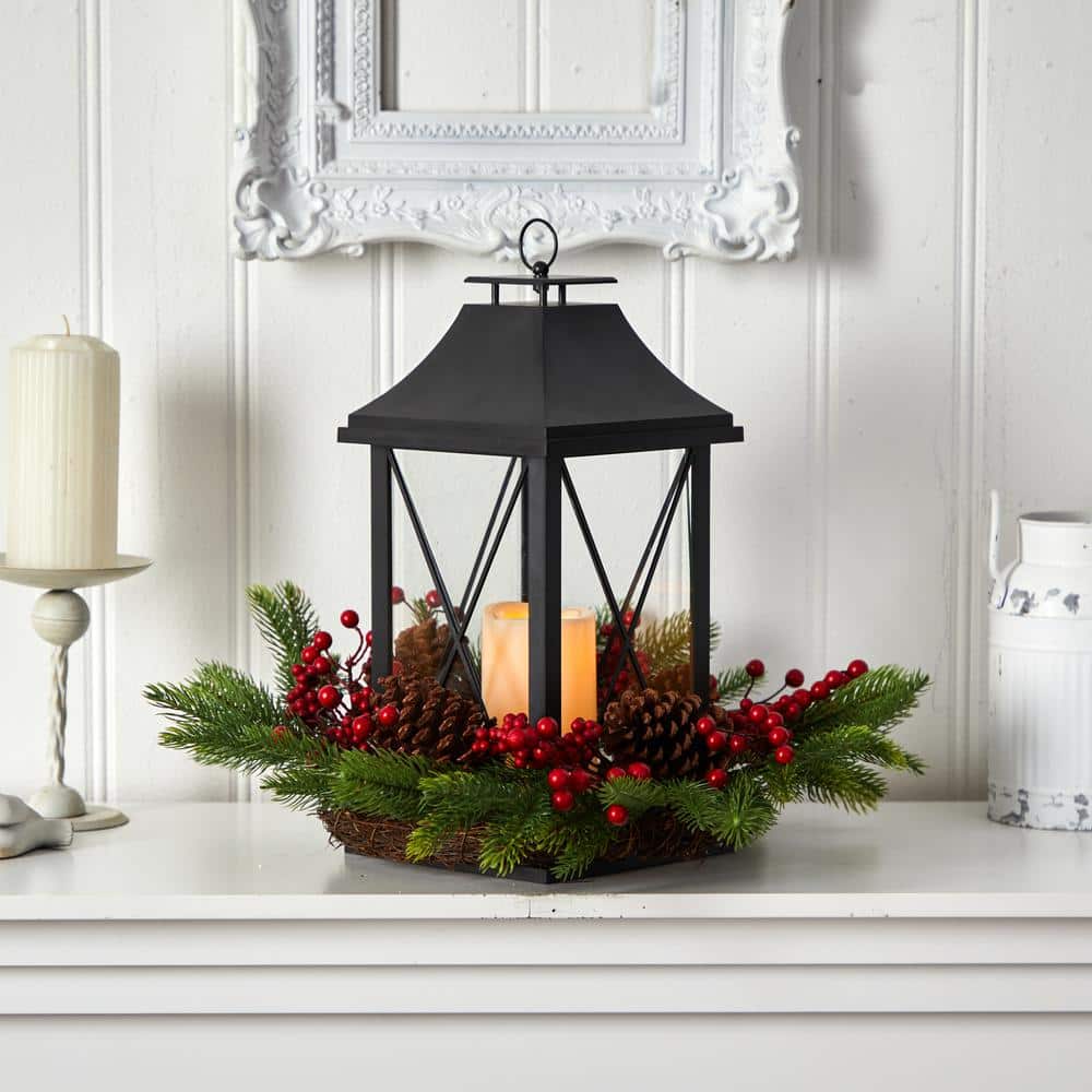 16 in. Unlit Holiday Christmas Berries, Pinecones and Greenery with Lantern and LED Candle Artificial Table Arrangement - Hercitys