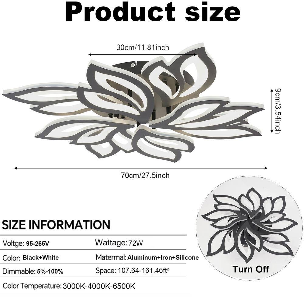 27.5 in. 1-Light Black and White Modern Selectable LED Flower-Shaped 8 Head Semi-Flush Mount Ceiling Light with Remote - Hercitys