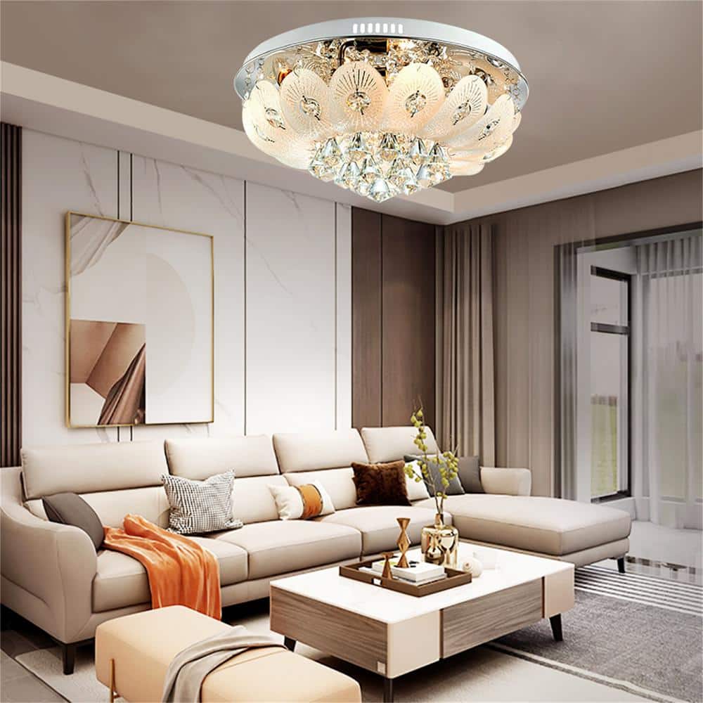 19.68 in. 6-Light Silver Modern K9 Crystal Flush Mount Ceiling Light for Bedroom Living Room, No Bulbs Included - Hercitys