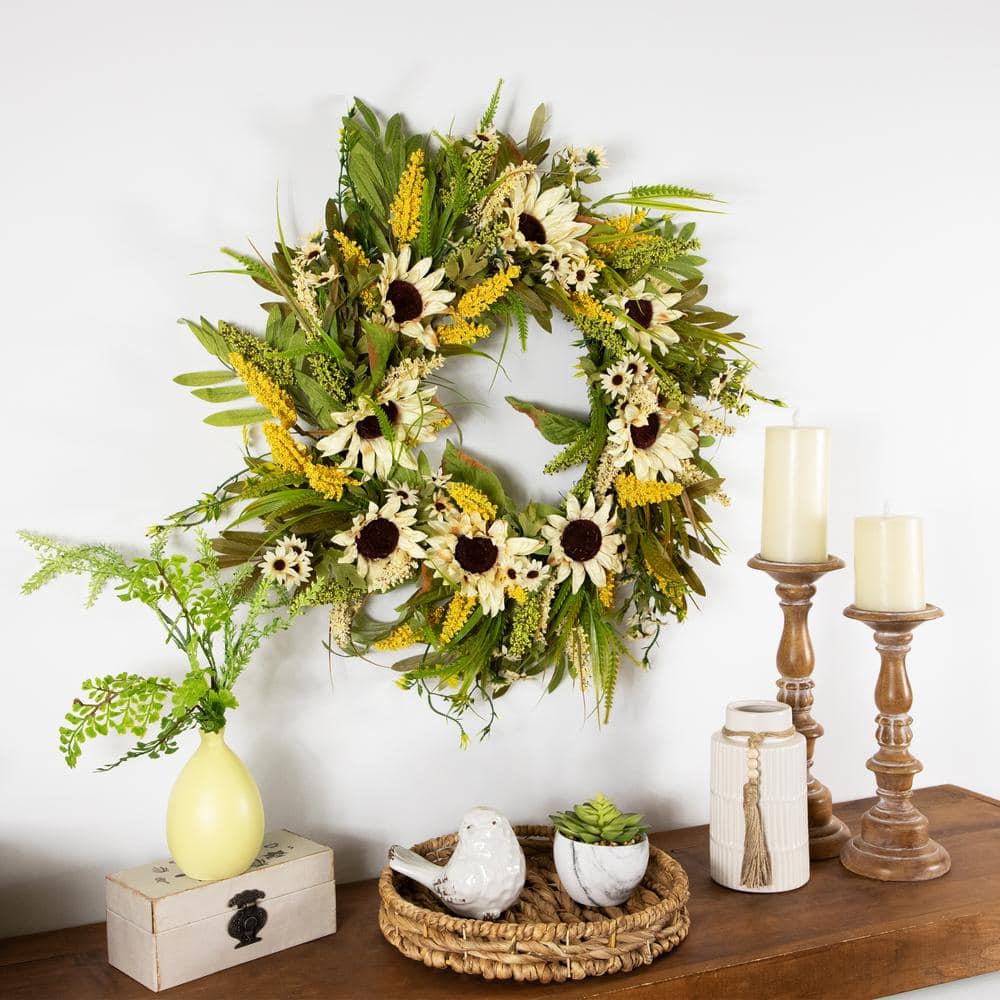 24 in. Beige Sunflowers Artificial Fall Harvest Wreath - Hercitys