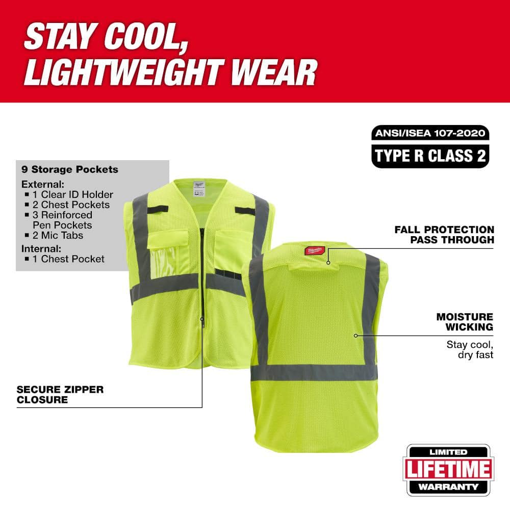 4X-Large/5X-Large Yellow Class 2 Polyester Mesh High Visibility Safety Vest with 9-Pockets - Hercitys