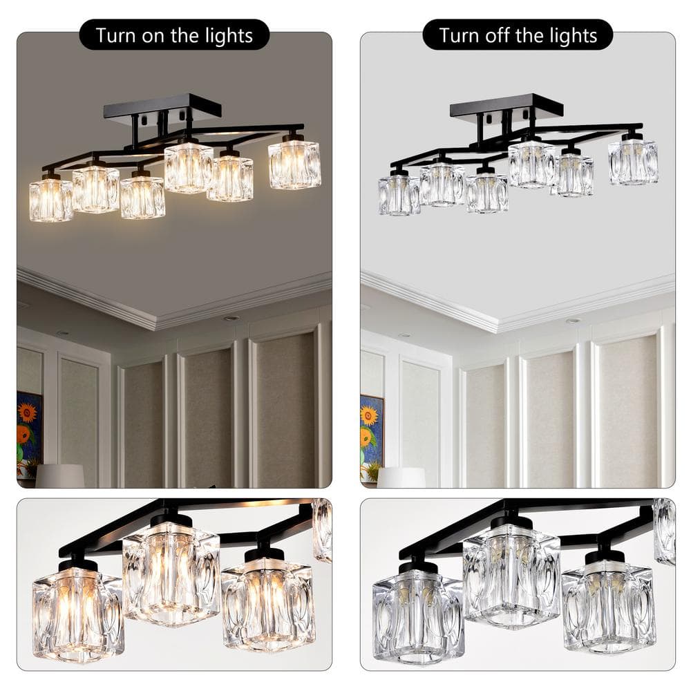 24.9 in. 6-Light Black Modern Semi-Flush Mount With Crystal Shade and 6-G9 Bulbs Included - Hercitys