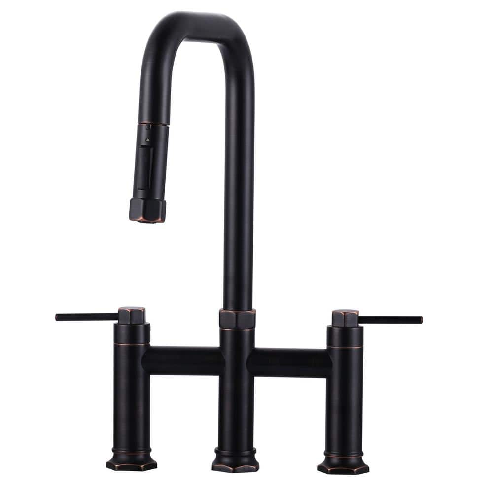 3 Holes Double Handle Brass Bridge Kitchen Faucet with Pull Down Sprayer and Supply Lines in Polished Chrome - Hercitys
