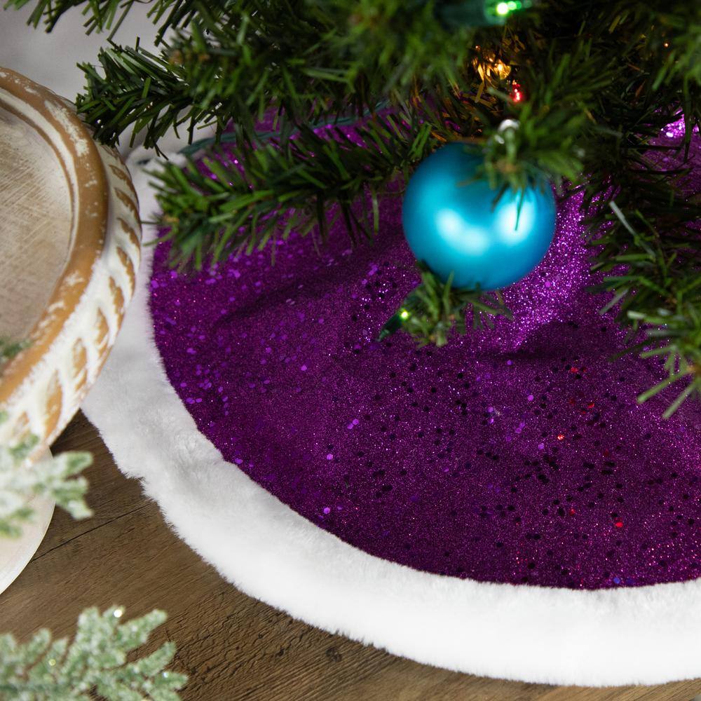 20 in. Purple Glittered Mini Christmas Tree Skirt with Faux Fur Trim - Hercitys