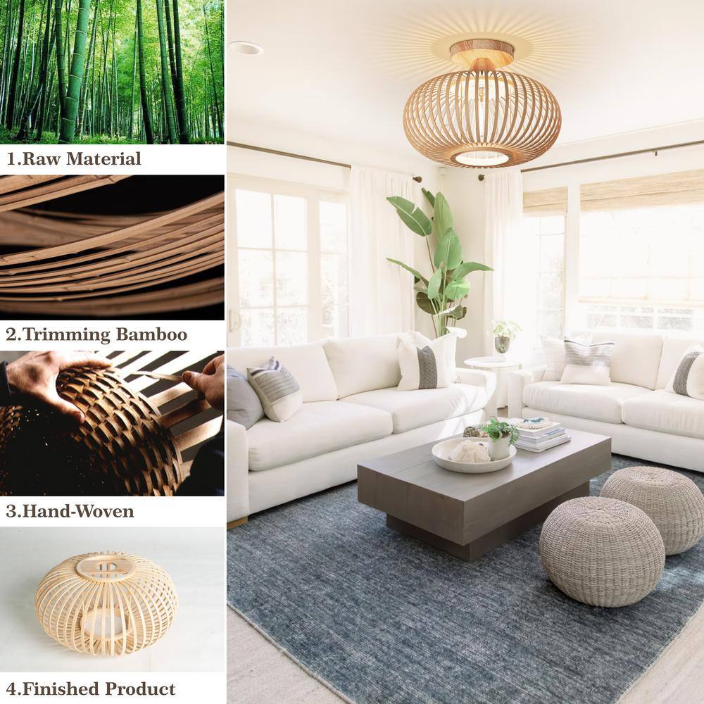 12.4 in. 1-Light Bohemian Recessed Mount with Bamboo Crafted Shade, Bulb Not Included, 1 Piece - Hercitys