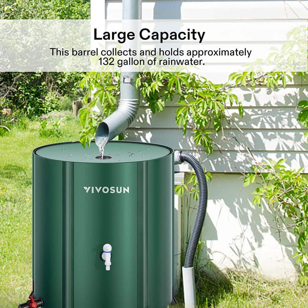 132 Gal. Collapsible Rain Barrel with wo Spigots and Overflow Kit in Green - Hercitys