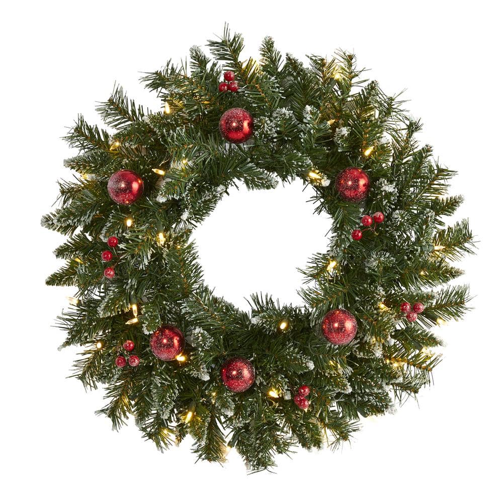 24 in. Pre-Lit Frosted Artificial Christmas Wreath with 50 Warm White LED Lights Ornaments and Berries - Hercitys