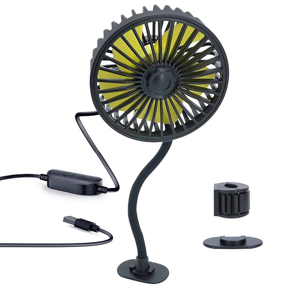 360 Rotatable Portable USB Powered 4 in. 3 fan speeds Desk Fan in Black, Car Cooling for Backseat Dashboard Window Clip - Hercitys