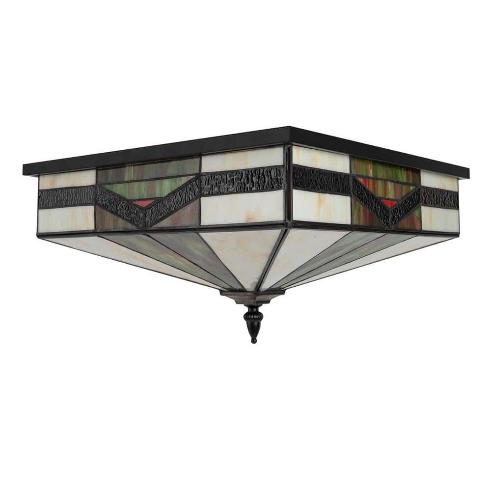 15.7 in. 4-Light Black Vintage Square Flush Mount Ceiling Light with Multicolored Glass Shade and No Bulbs Included - Hercitys