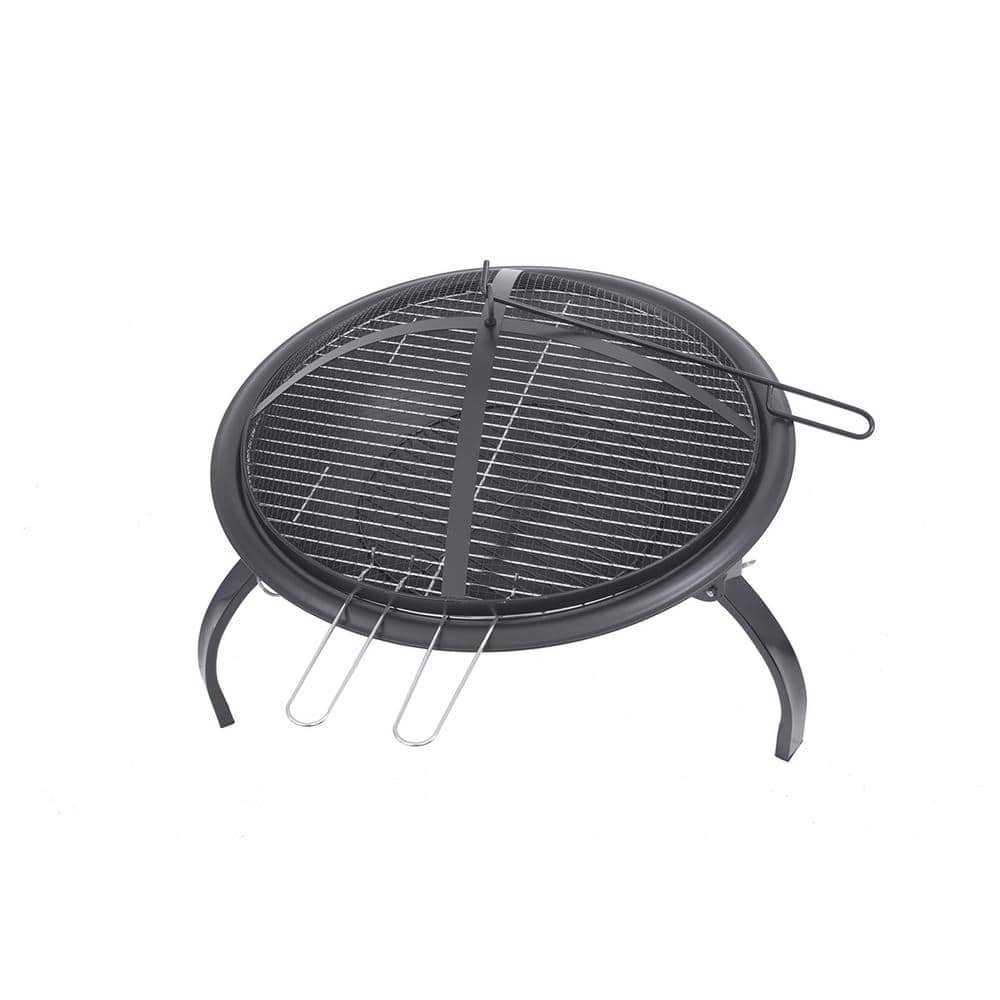 21.25 in. Round Steel Portable Wood Fire Pit with Folding Legs, Carry Bag, Screen, Screen Lift, Log Grate, Cooking Grid - Hercitys
